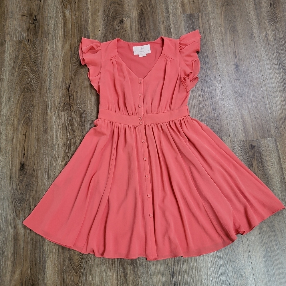 Gal Meets Glam Coral Front Button Flutter Sleeve Dress Size 6 V-neck Event Party
